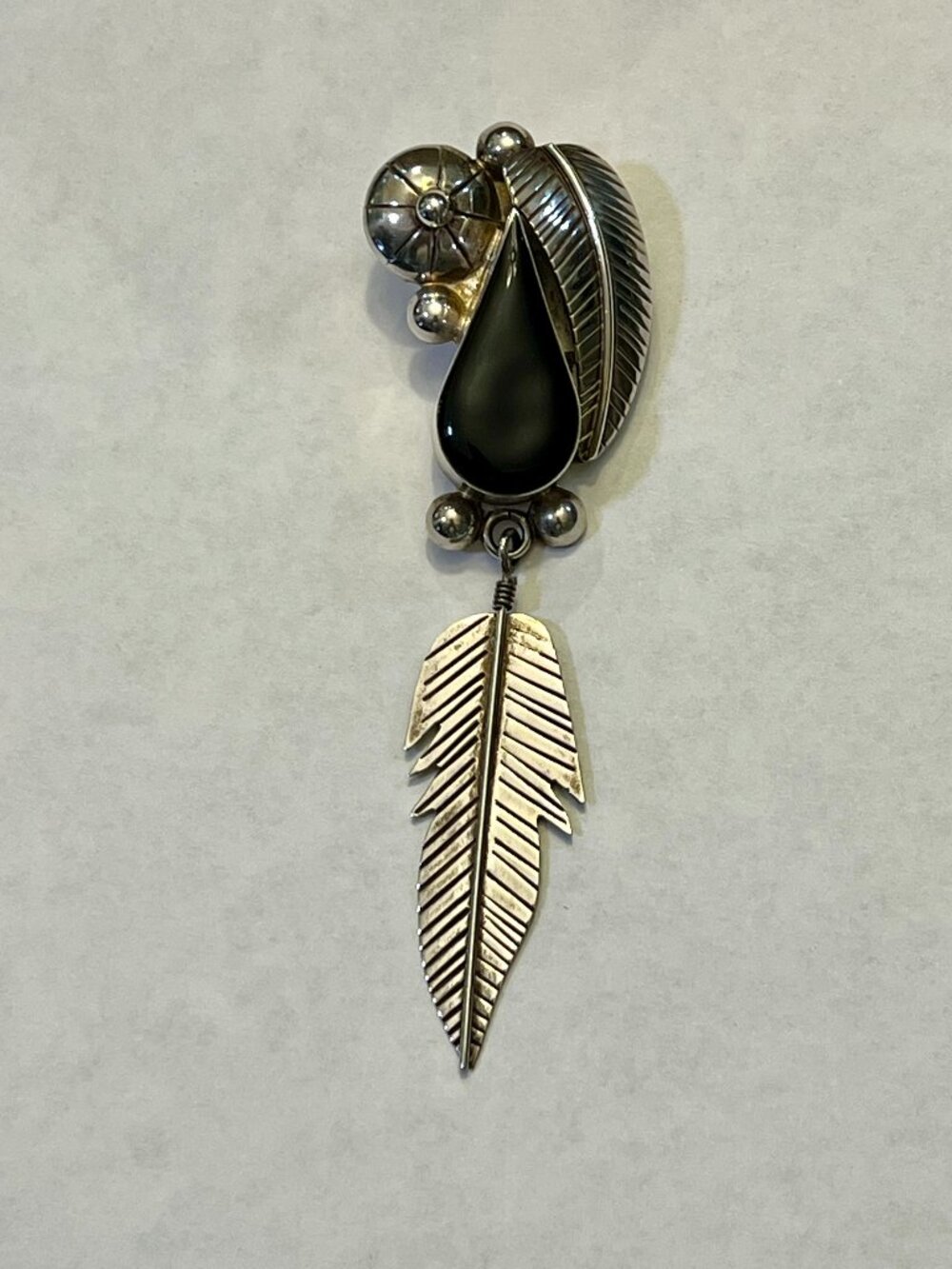 Vintage Sterling Silver Dangle Feather Onyx Brooch / Pin / Pendant - Mexico